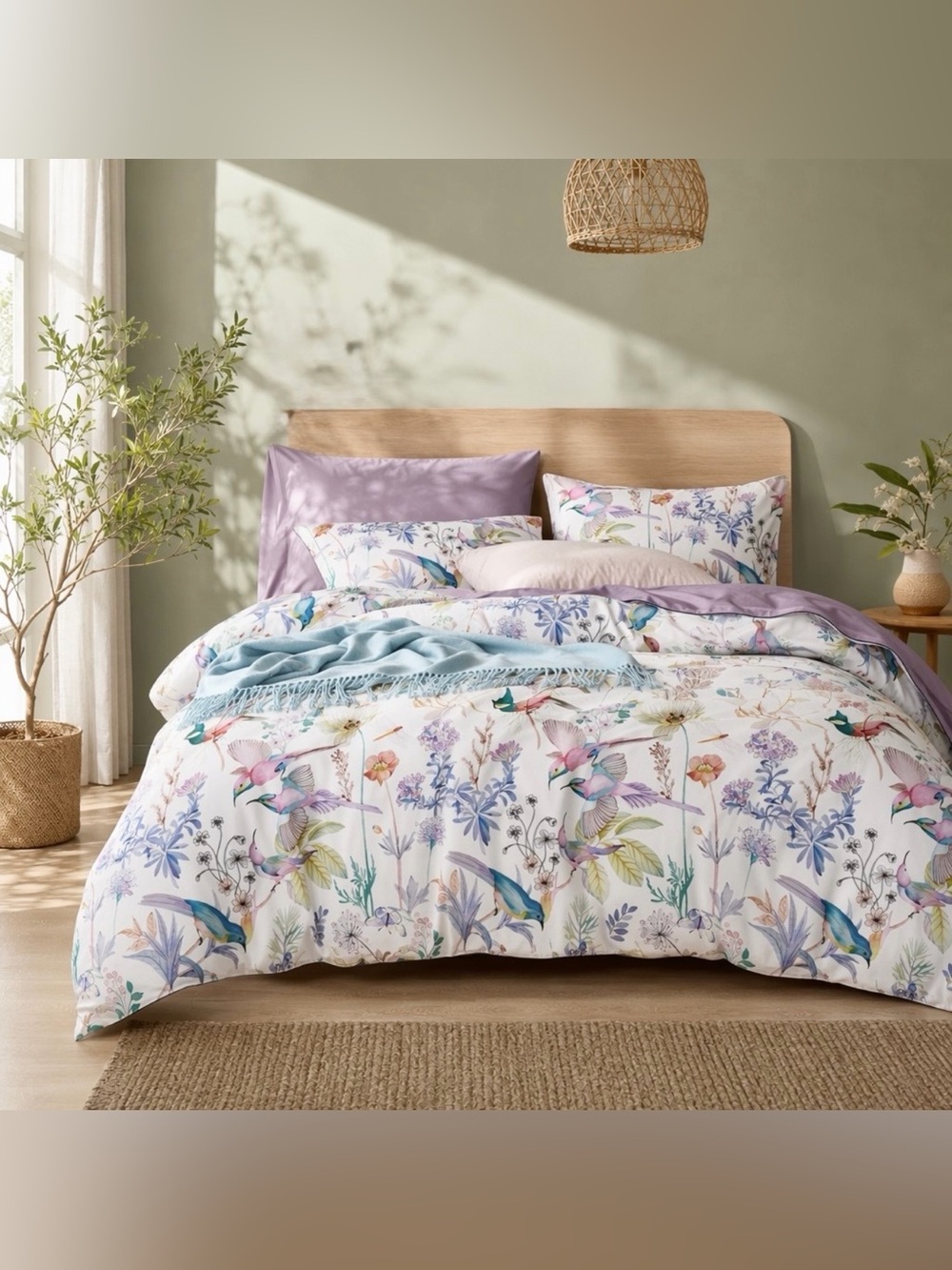 NEW Anthropologie Purple Floral Bird Cotton Queen / King Bedding Duvet Sham Set - Picture 4 of 12